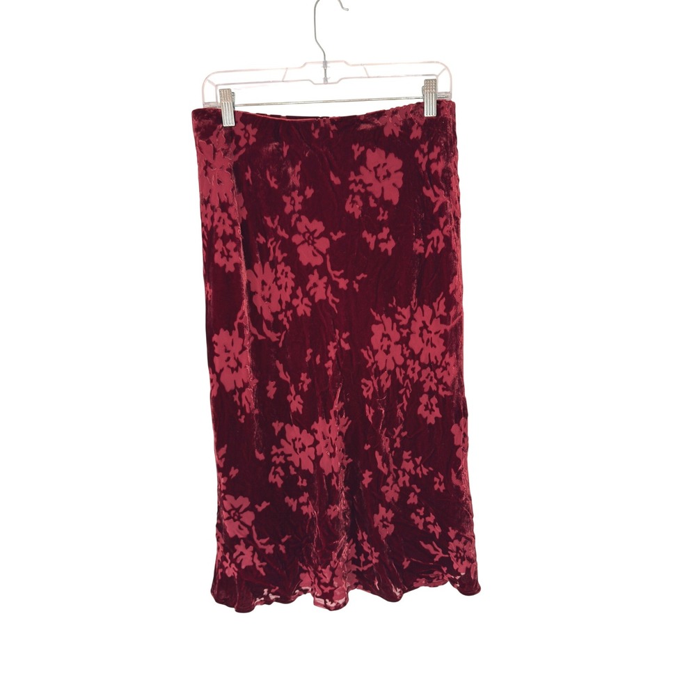 Laura Ashley Skirt Red Floral Velvet Burnout Pull On Stretch Midi Size‎ 10